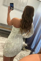 Hot Pink Beaded Sequins One Shoulder Tight Homecoming Dress Bmbride