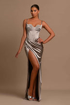 Fashionable Sliver Spaghetti Strap Mermaid Prom Dress With Split