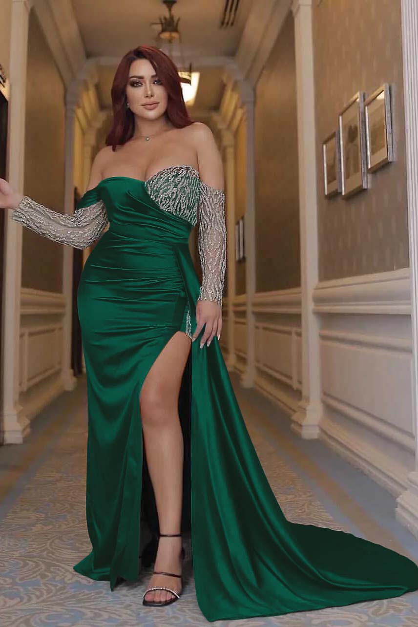 Sexy Emerald Green Off the Shoulder Long Sleeves Mermaid Prom Dress With Beading Split BMBRIDE