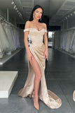 Champagne Off-The-Shoulder Long Mermaid Evening Dress with Split BM bride