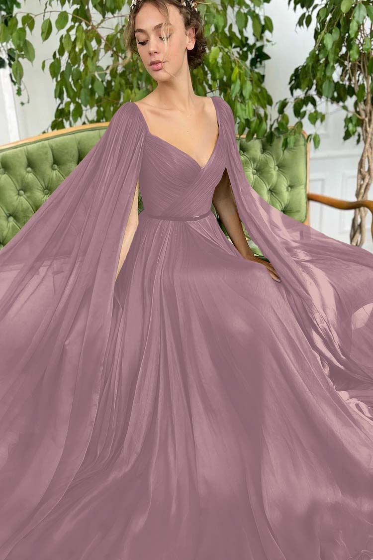 Elegant Green Long Sleeves Formal Belt Prom Dress Tulle With Split BMBRIDE