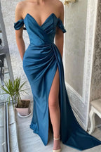 Navy Off-The-Shoulder Mermaid Evening Dress with Split BM bride