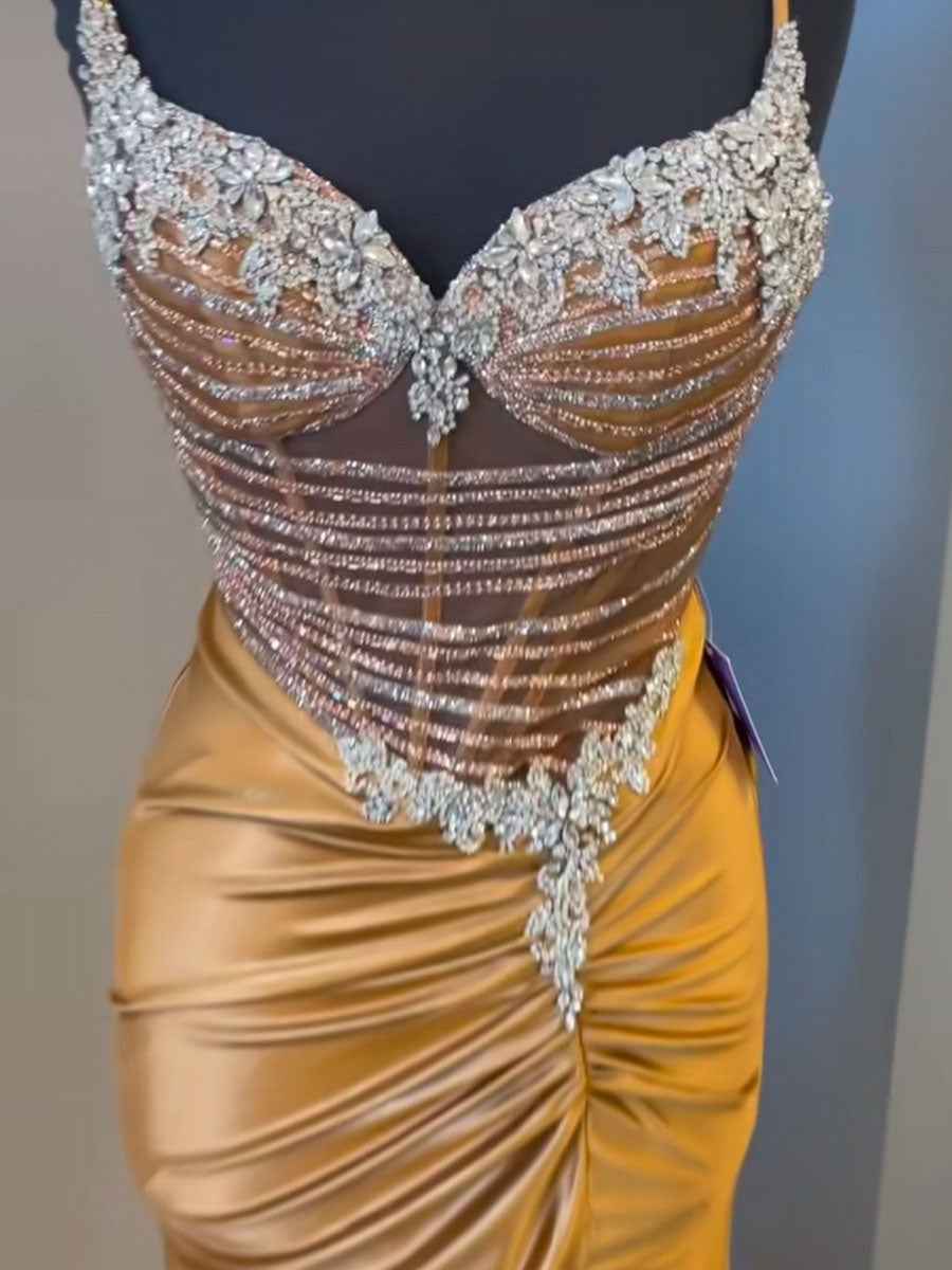 Gold Rhinestone Bodice Satin Sheer Corset Prom Dress with Slit