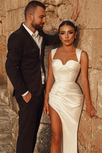 White Sweetheart Mermaid Wedding Dress with Split BM bride