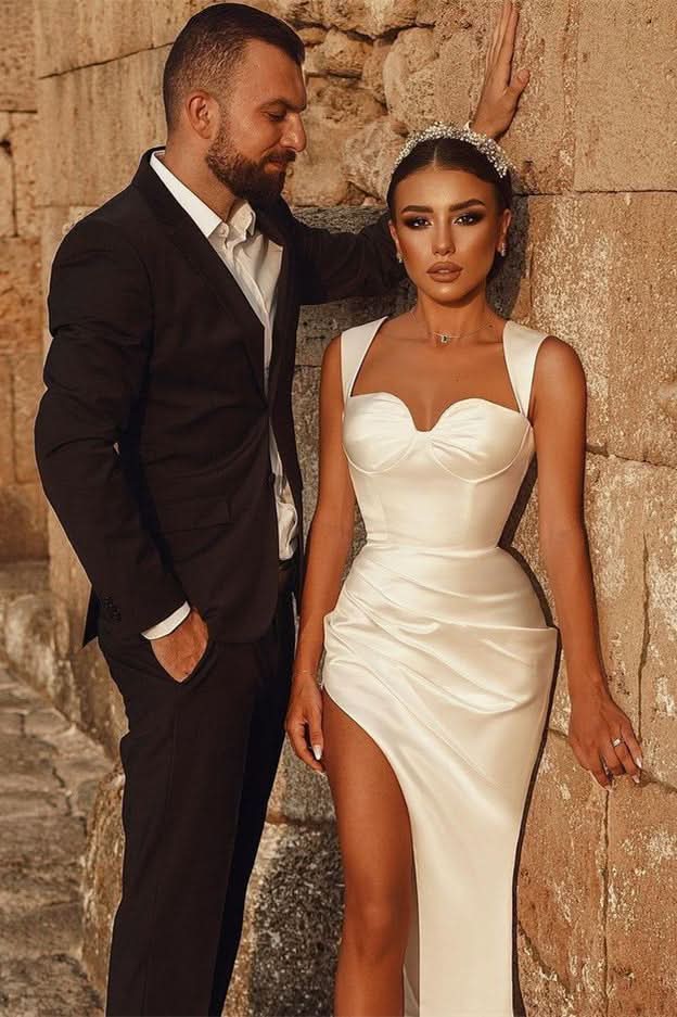 White Sweetheart Mermaid Wedding Dress with Split BM bride