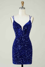 Royal Blue Criss-Cross Straps Sequins Tight Short Hoco Dress
