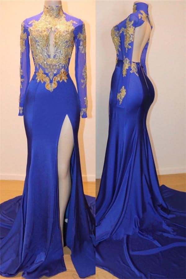 Royal Blue Long Sleeve Prom Dress with Slit BM bride
