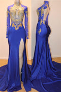 Royal Blue Long Sleeve Prom Dress with Slit BM bride