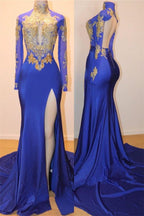 Royal Blue Long Sleeve Prom Dress with Slit BM bride