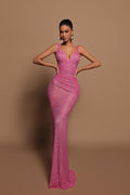 Sexy Pink Long Sequins Prom Dress V Neck Mermaid Sleeveless BMBRIDE