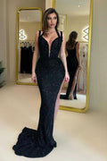 Black Sequin Cowl Neck Long Mermaid Prom Dress with High Slit BM bride