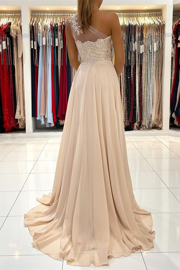 Glamorous One Shoulder Sleeveless Lace Appliques Prom Dress With Front Split BMBRIDE