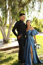 Dusty Blue Sweetheart Off-The-Shoulder Puff Sleeves Evening Dress with Front Split BM bride