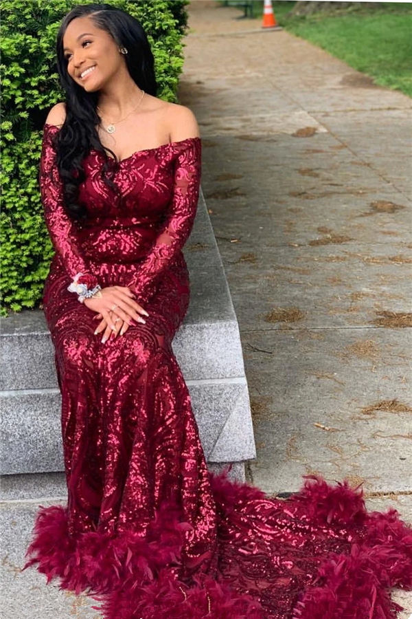 Long Sleeve Burgundy Sequined Mermaid Prom Dress with Feathers BM bride