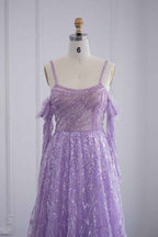 Pink Off the Shoulder A Line Prom Dress Long Sleeves Tulle With Sparkle Appliques