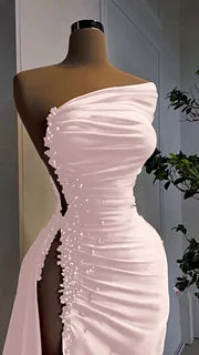 Red Pearl Strapless Prom Dress Long Slit Sleeveless With Beading