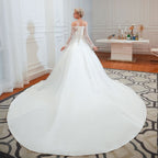 Stunning Off-the-Shoulder Long Sleeve A-Line Satin Wedding Dress with Lace BM bride