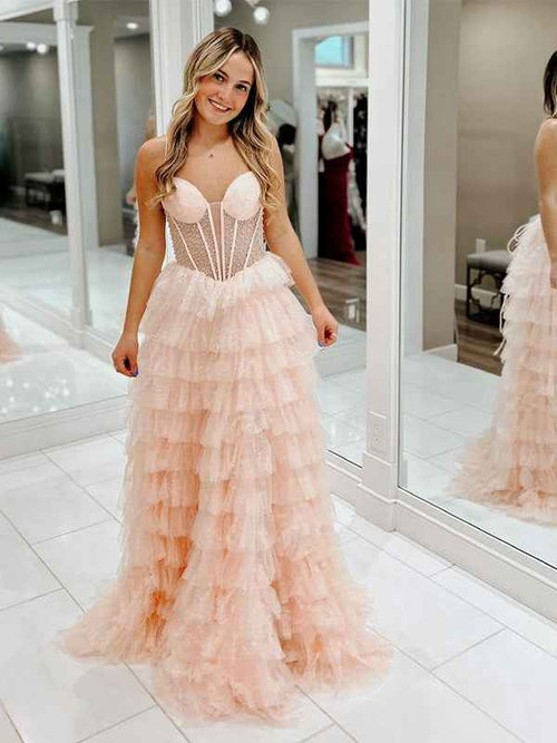 Pink A-Line Spaghetti Straps Tiered Tulle Long Prom Dress BMBRIDE
