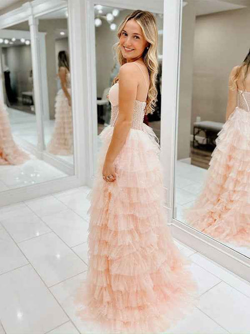 Pink A-Line Spaghetti Straps Tiered Tulle Long Prom Dress BMBRIDE