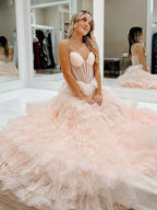 Pink A-Line Spaghetti Straps Tiered Tulle Long Prom Dress
