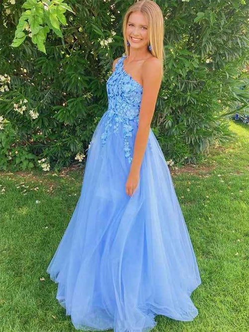 Blue A Line One Shoulder Tulle Long Prom Dress with Appliques BMBRIDE