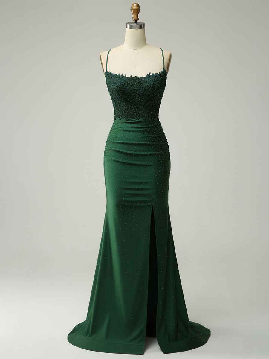 Mermaid Halter Beaded Long Prom Dress with Appliques and Slit