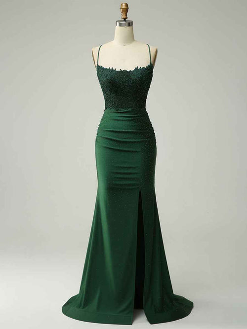 Mermaid Halter Beaded Long Prom Dress with Appliques and Slit BMBRIDE