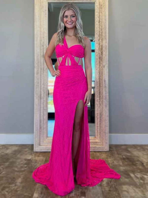 Hot Pink Mermaid One Shoulder Long Lace Prom Dress with Slit BMBRIDE