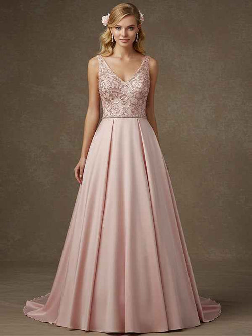 Pink A-line V-Neck Floor-Length Satin Lace Prom Dresses With Sequins BMBRIDE
