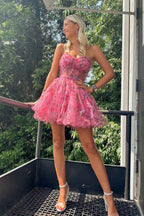 Pink Corset Sweetheart Flower A-Line Short Homecoming Dress with Ruffles Bmbride