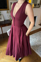 Straps V Neck Sleeveless Tea Length A Line Prom Dress With Pockets