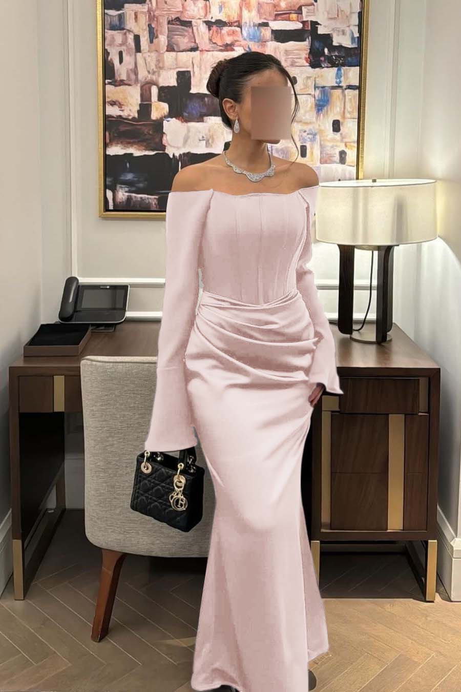 Strapless Long Sleeves Mermaid Long Prom Dress With Pleated BMBRIDE