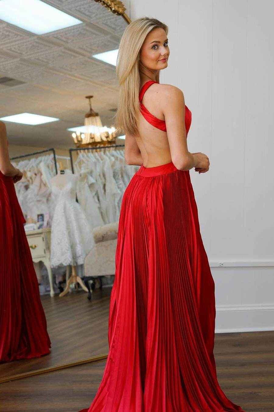 Halter Backless Long A Line Split Prom Dress With Ruffles Pleated