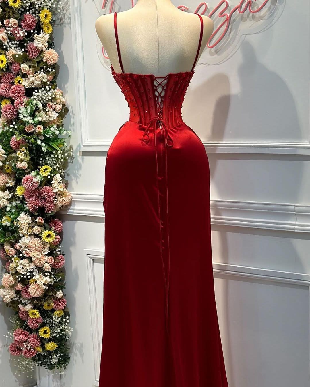 Fashion Red Spaghetti Strap Split Mermaid Prom Dress BM bride