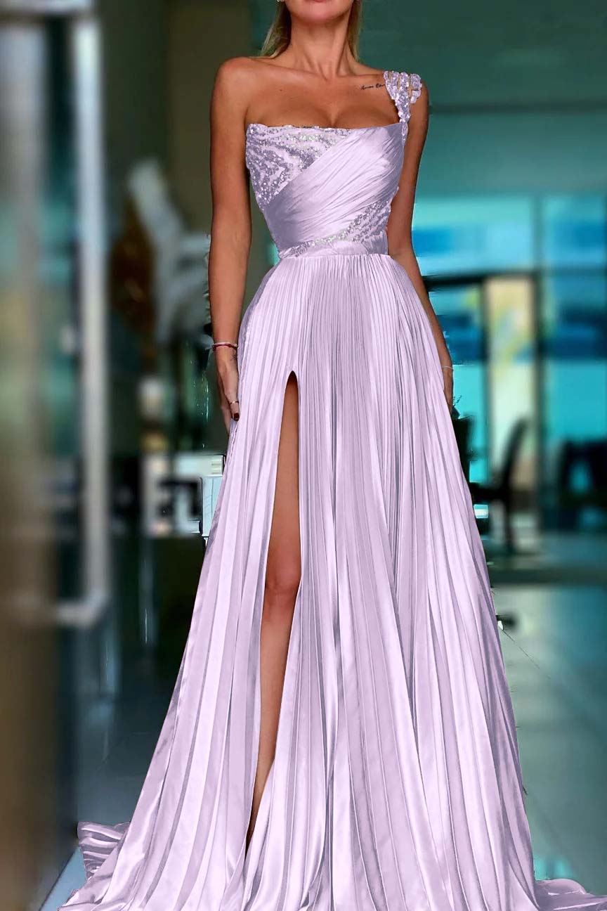 One Shoulder Sleeveless Long Prom Dress With High Split Sequins BMBRIDE
