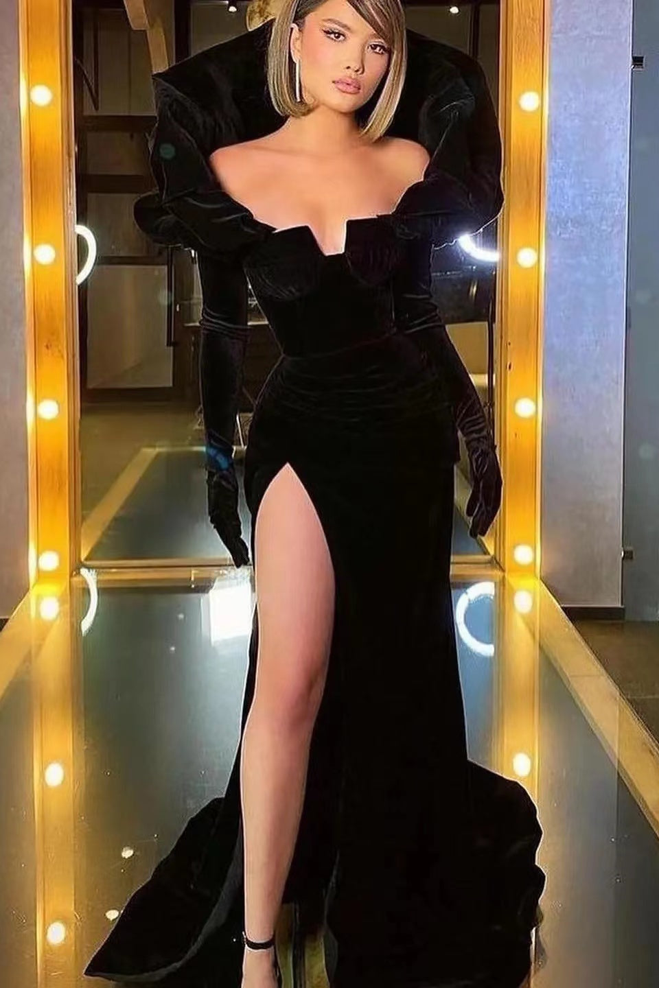 Black Long Sleeve Mermaid Prom Dress with Split BM bride