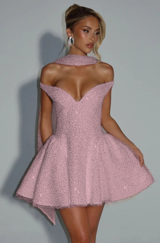 Off the Shoulder Sleeveless Short A Line Prom Dress With Sequin BMBRIDE