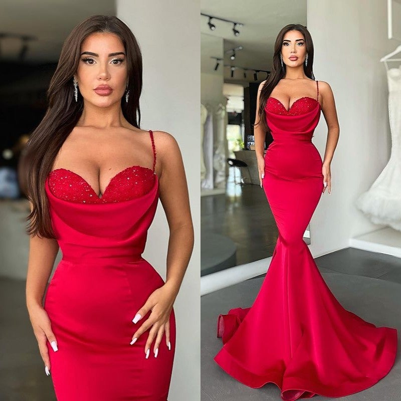 Mermaid Red Spaghetti Strap Sleeveless Sweetheart Prom Dress With Sequins BMBRIDE
