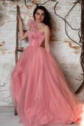 Gorgeous One-Shoulder Sleeveless Tulle Prom Dress with Appliqueds BM bride