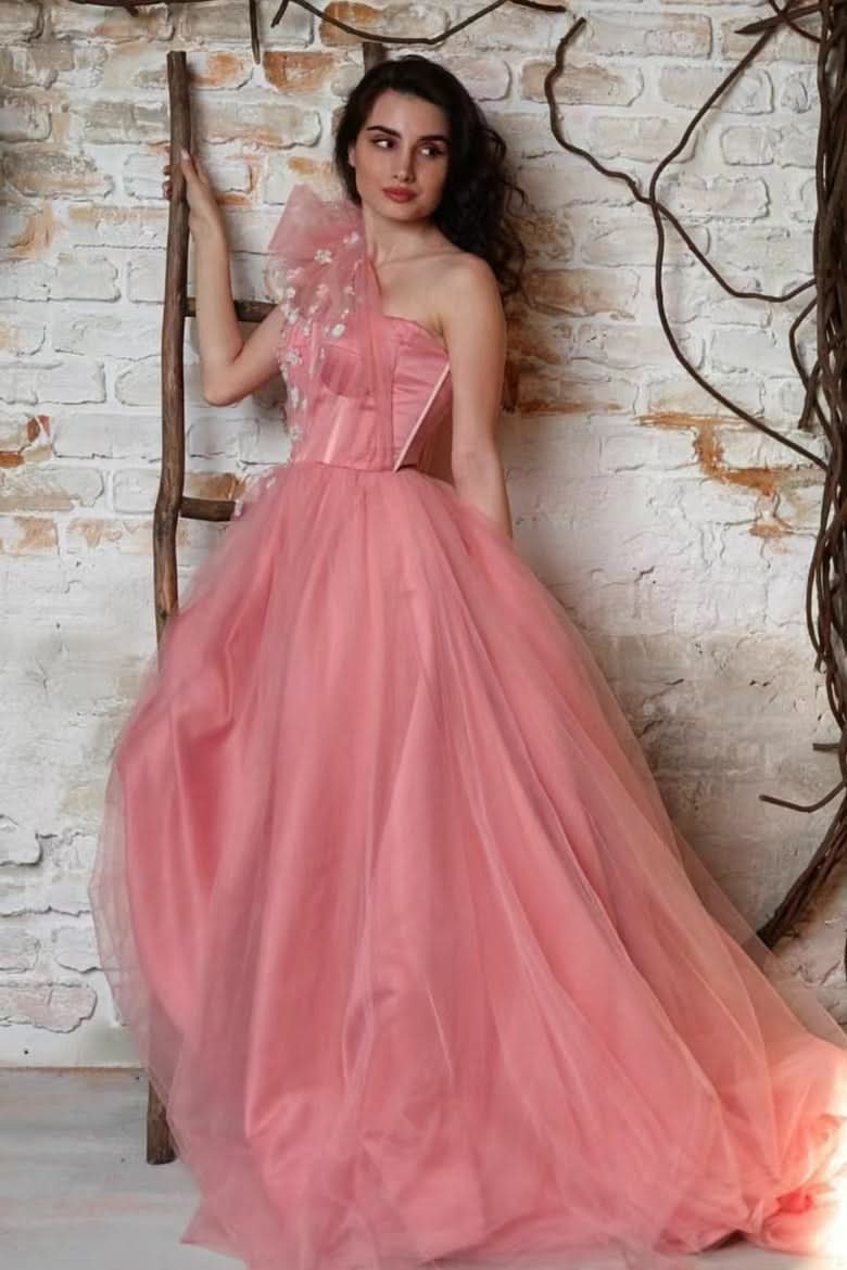 Gorgeous One-Shoulder Sleeveless Tulle Prom Dress with Appliqueds BM bride