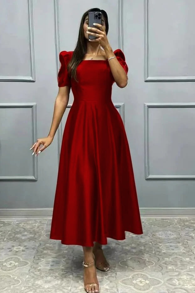 Elegant Square A Line High Waist Pleated Prom Dress With Short Sleeves BMBRIDE