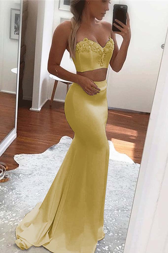 Two Pieces White Sweetheart Sleeveless Long Mermaid Prom Dress With Appliques BMBRIDE