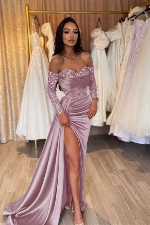 Off the Shoulder Long Sleeves Long Mermaid Prom Dress With Pleated BMBRIDE