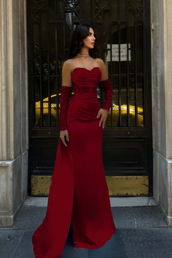 Sweetheart Strapless Sleeveless Long Mermaid Prom Dress With Pleated BMBRIDE