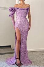 Purple One Shoulder Mermaid Evening Dress with Sequins Slit and Long Sleeve BM bride