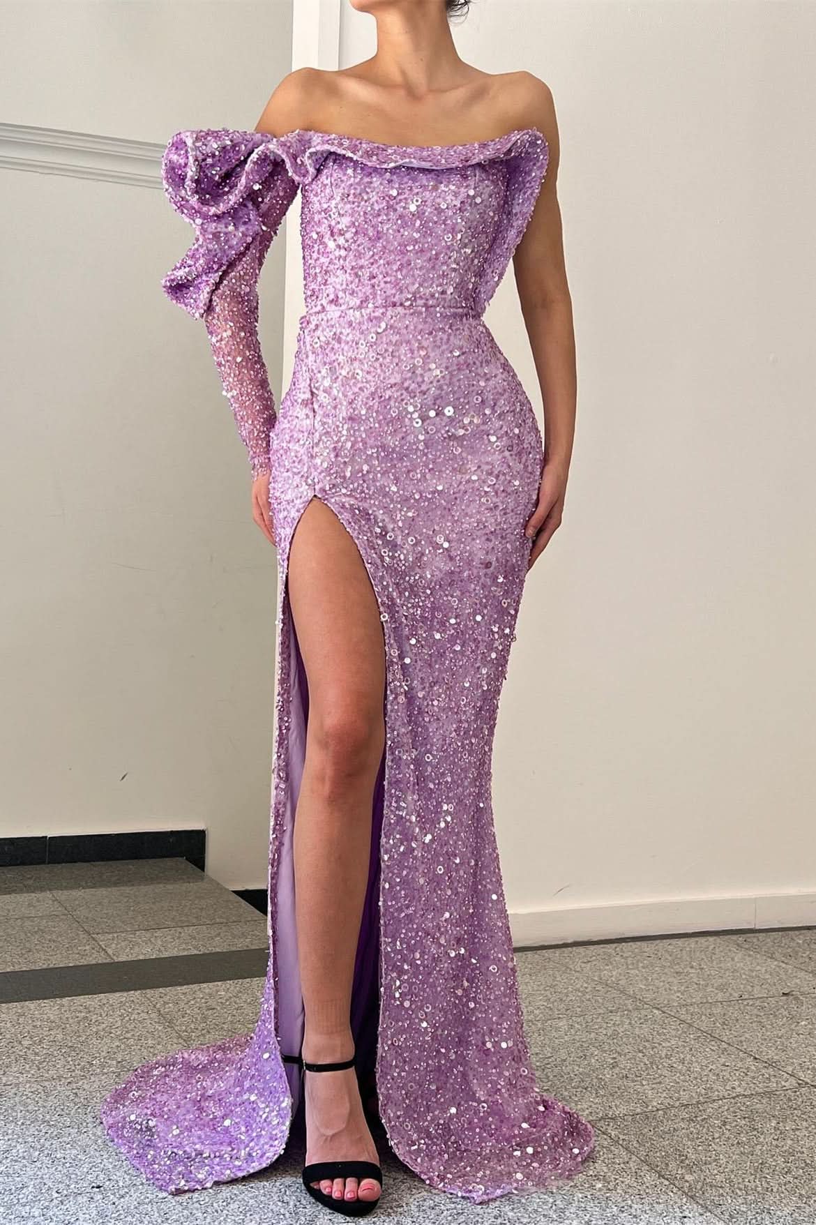 Purple One Shoulder Mermaid Evening Dress with Sequins Slit and Long Sleeve BM bride
