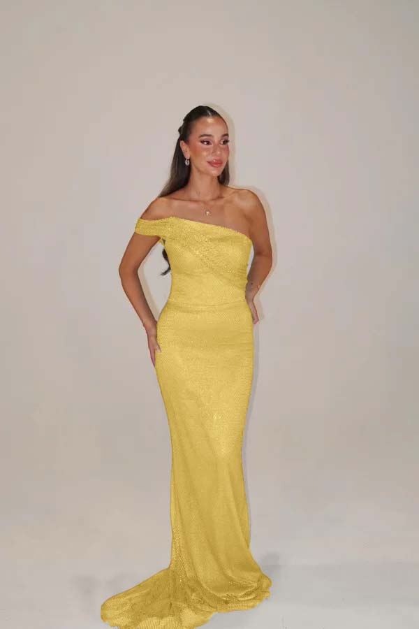 Sequins One Shoulder Sleeveless Long Mermaid Prom Dress With Pleated BMBRIDE