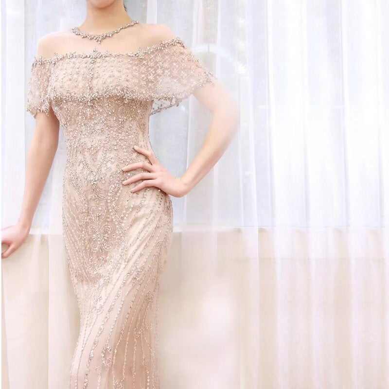 Luxurious Sequin Beaded Strapless Evening Gown, Long Mermaid Sleeveless BM bride