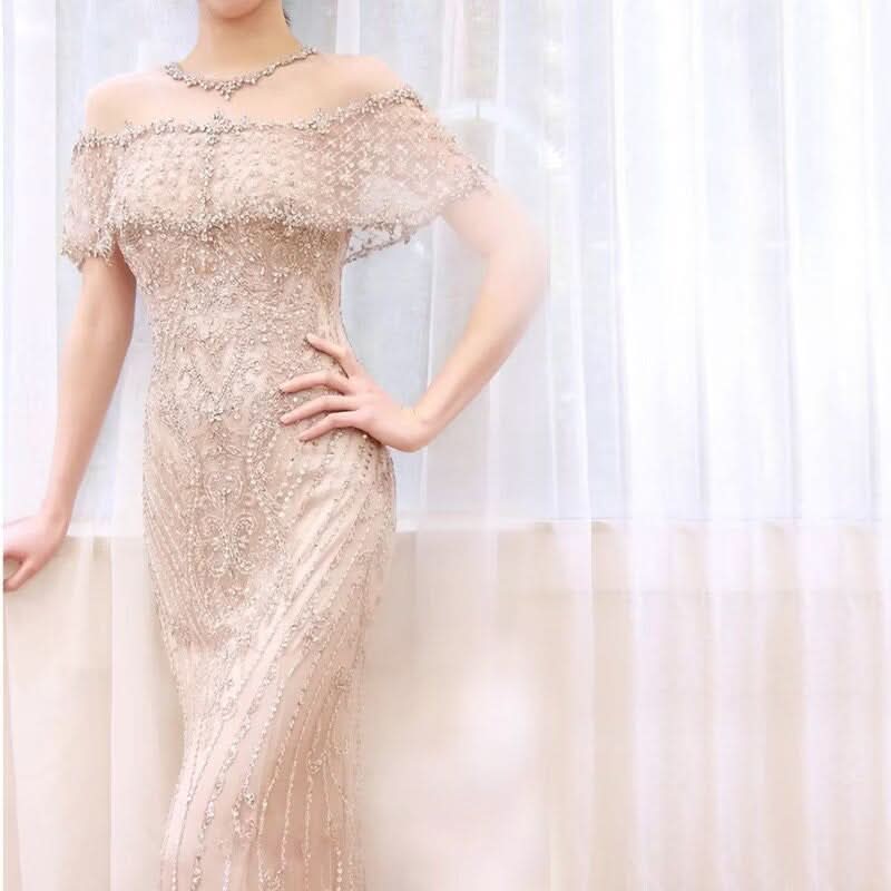 Luxurious Sequin Beaded Strapless Evening Gown, Long Mermaid Sleeveless BM bride