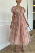 Elegant Taupe Pink V-Neck Short Sleeves Prom Dress with Sequins BM bride